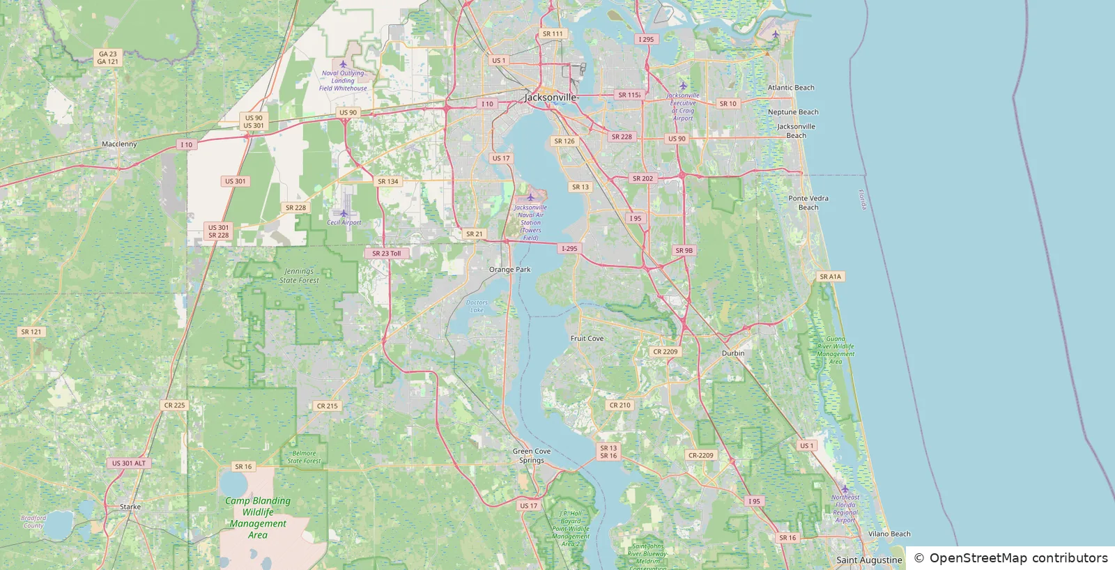 Map of the Armadillo Drainage service area from Jacksonville to St. Augustine