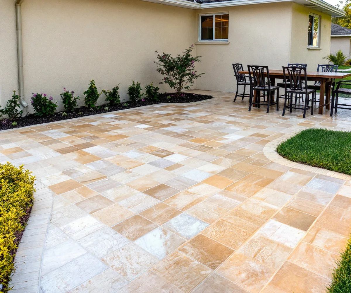 Ivory travertine paver patio in a French pattern behind a Florida home